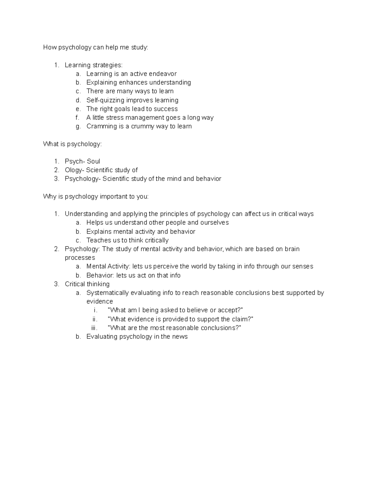 Psychology Week 1 Notes - How Psychology Can Help Me Study: Learning ...