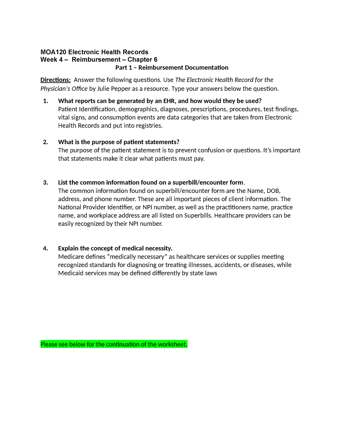 MOA120 Electronic Health Records Week 4 – Reimbursement – Chapter 6 ...