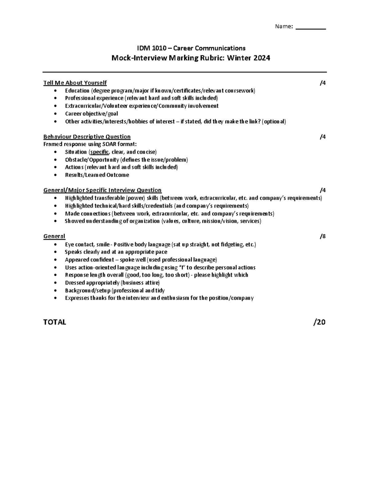 IDM1010 Mock-Interview Marking Rubric Final 2024 - Name: _________ IDM ...