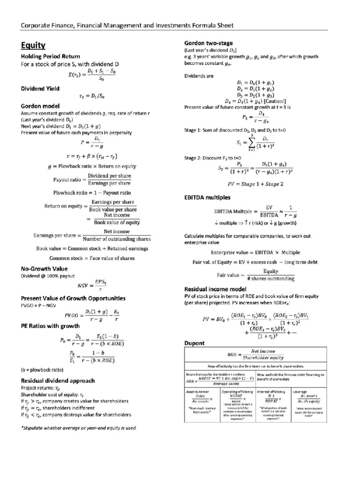 All finance formulas - Corporate Finance, Financial Management and ...