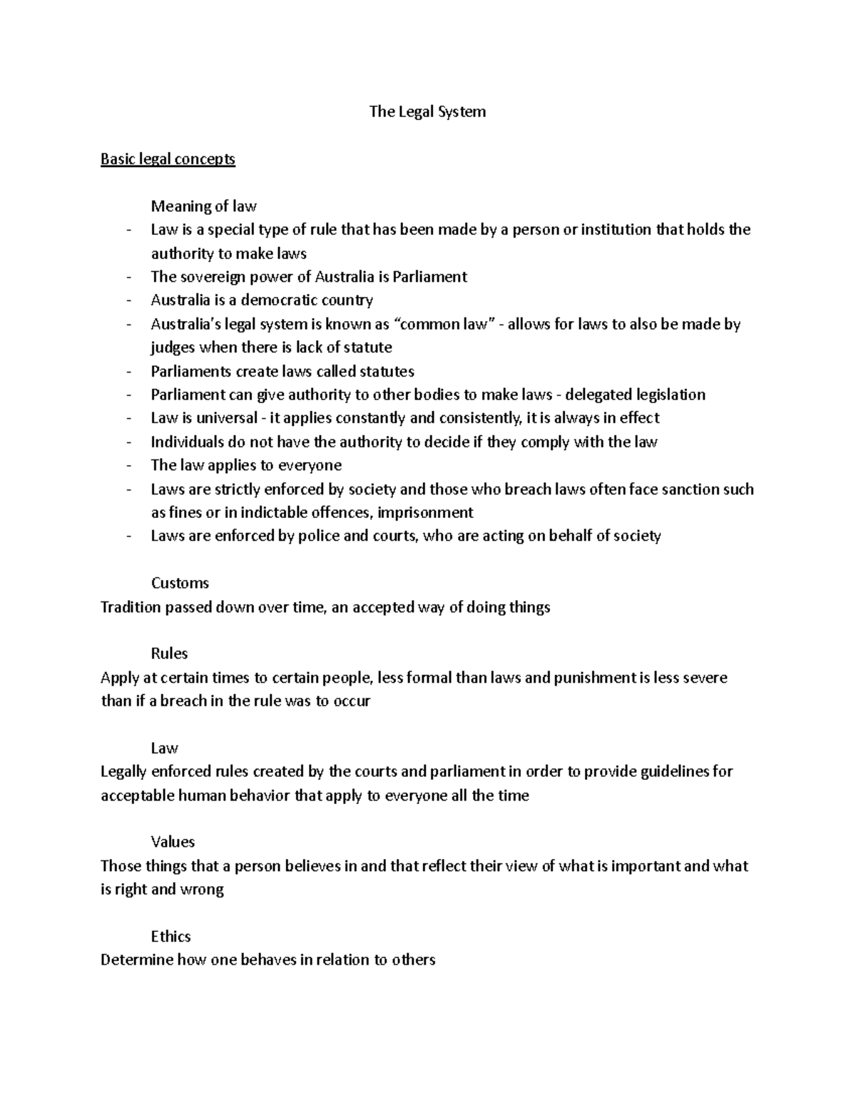 Legal Study Notes The Legal System Basic legal concepts Meaning of