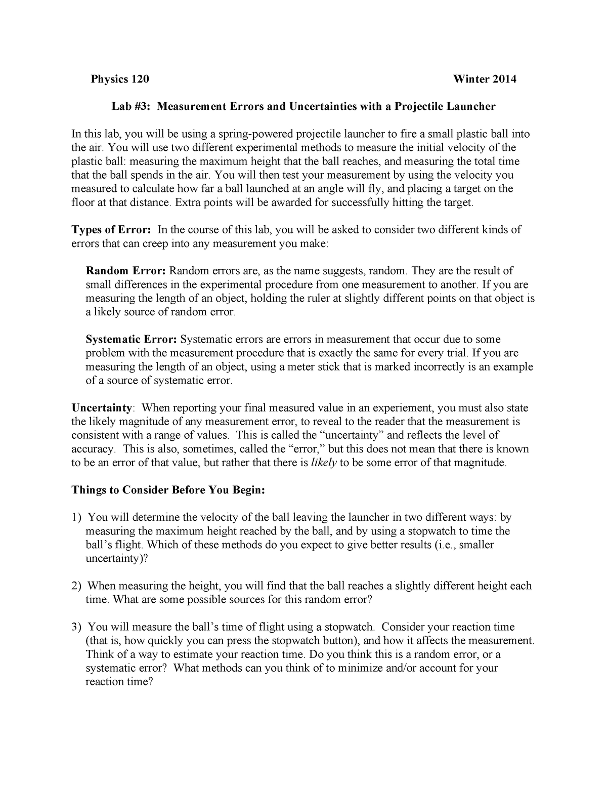 Errorsofprojectile - Physics 120 Winter 2014 Lab #3: Measurement Errors ...