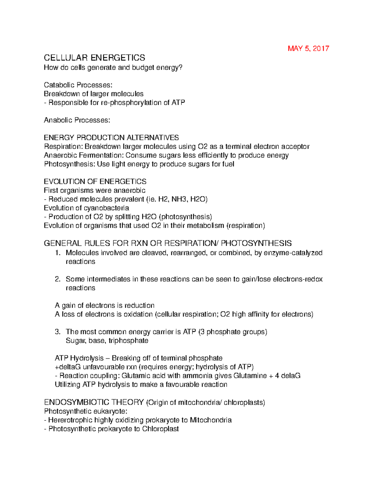 Cellular respiration - Lecture notes May 5 - MAY 5, 2017 CELLULAR ...