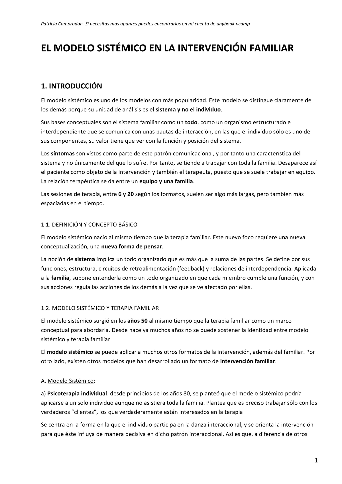 Tema 1: el modelo sistemico en la intervención familiar - Patricia  Camprodon. Si necesitas apuntes - Studocu