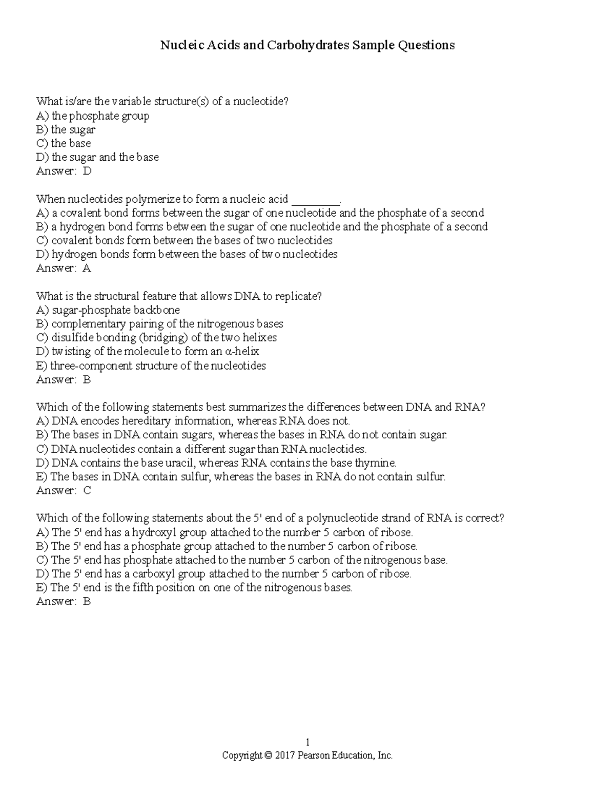 Nucleic Acids and Carbohydrates Sample Questions with Answers Nucleic