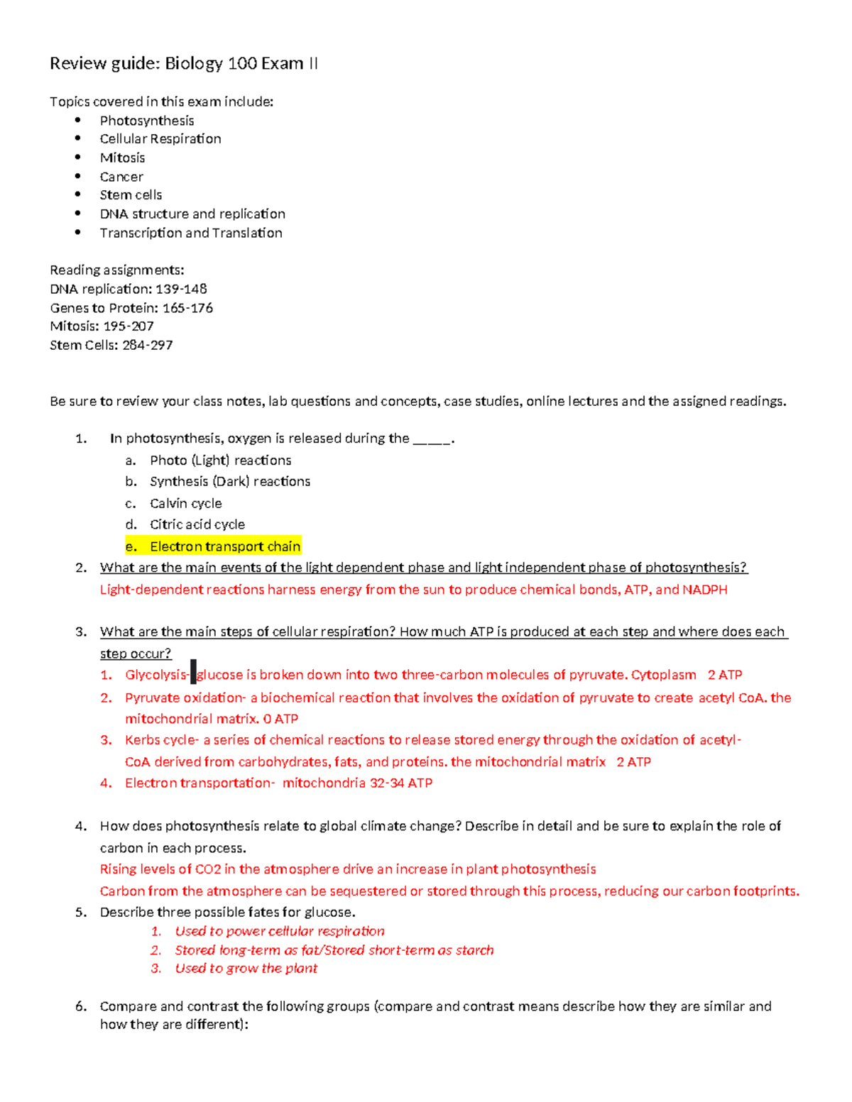Review Guide Exam II - help for test - Review guide: Biology 100 Exam ...