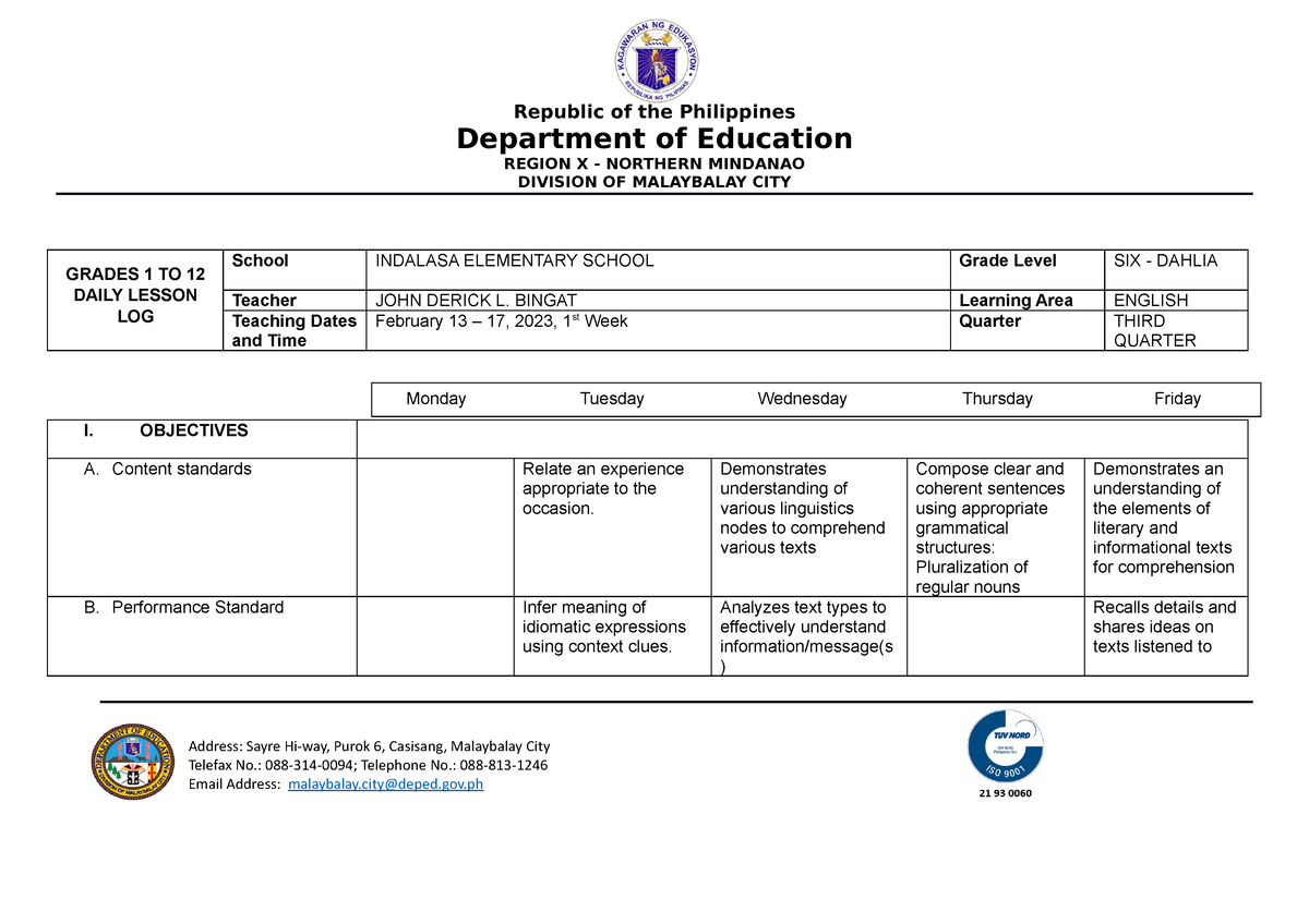 DLL G6 English Q3 WEEK 1 - Daily Lesson Log - Department Of Education ...