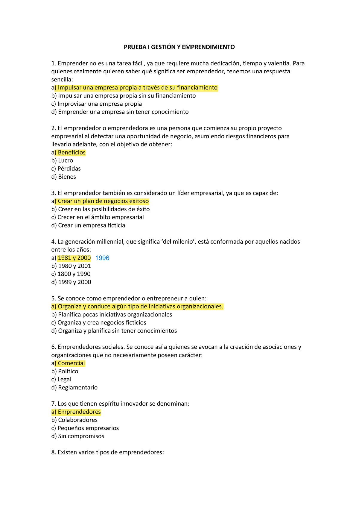 Cuestionario P1 Gestión Y Emprendimiento - PRUEBA I GESTIÓN Y ...