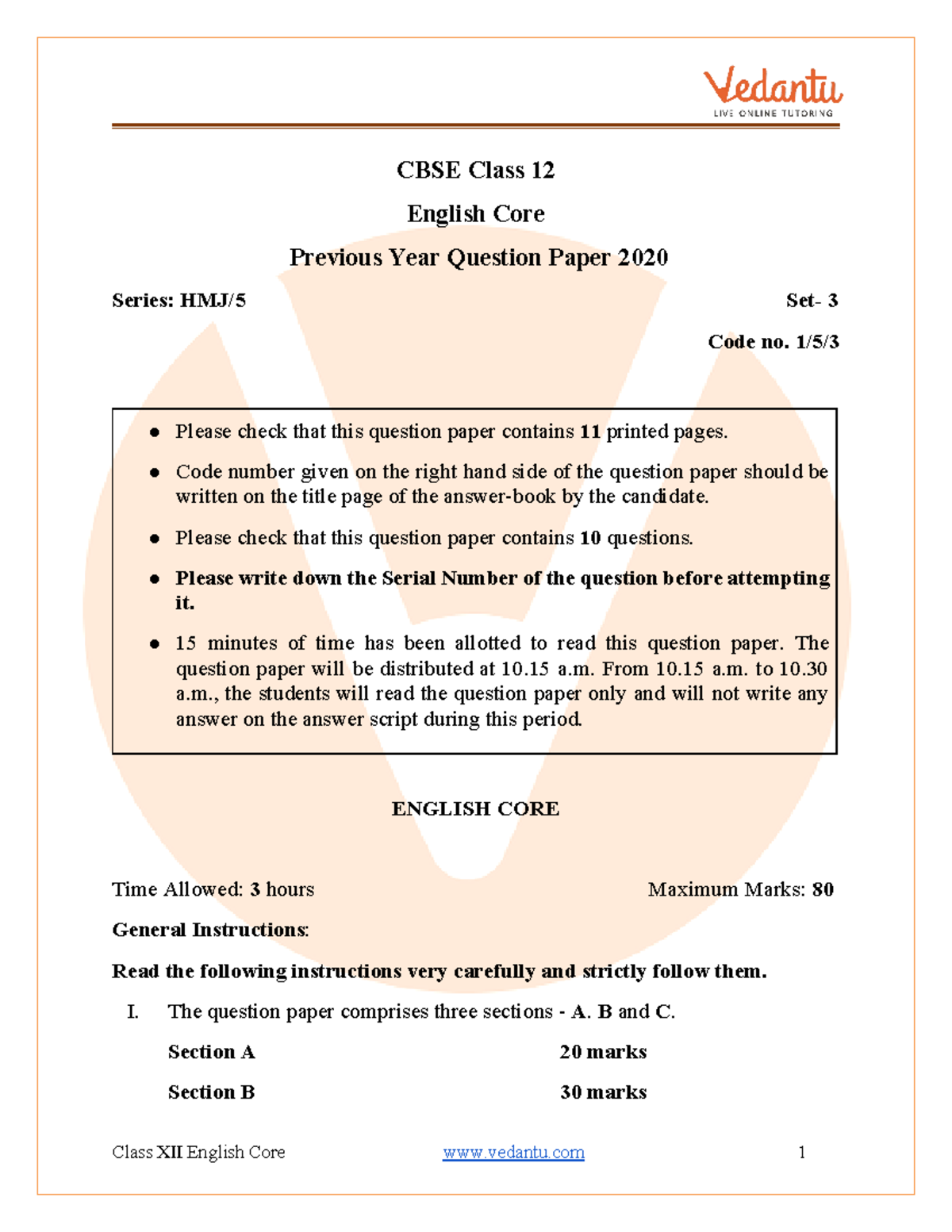 CBSE Class 12 English Core Question Paper 2020 - CBSE Class 12 English ...