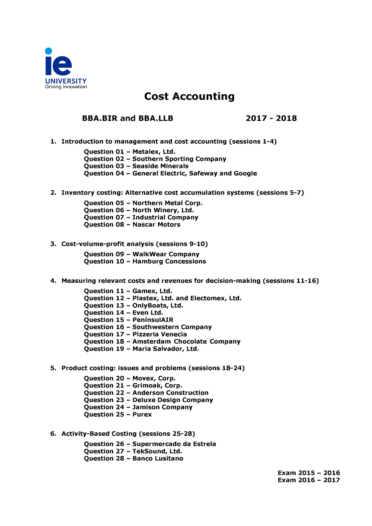 Booklet With Exercises 2017 18 - Cost Accounting BBA And BBA 201 7 ...