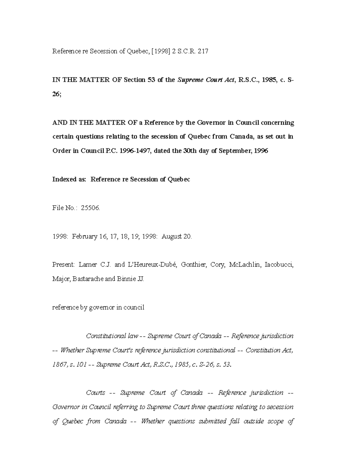 Reference re Secession of Quebec - C. 217 IN THE MATTER OF Section 53 ...
