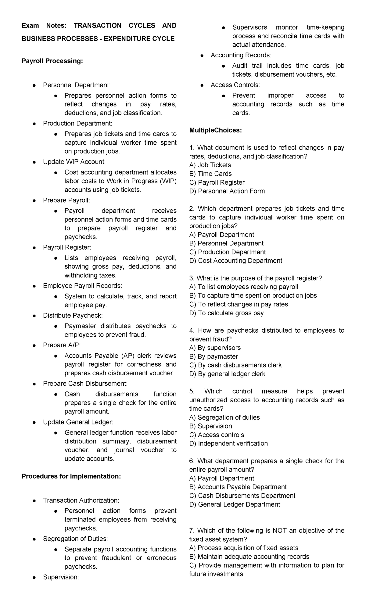 Exam Notes Transaction Cycles AND Business Processes - Expenditure ...