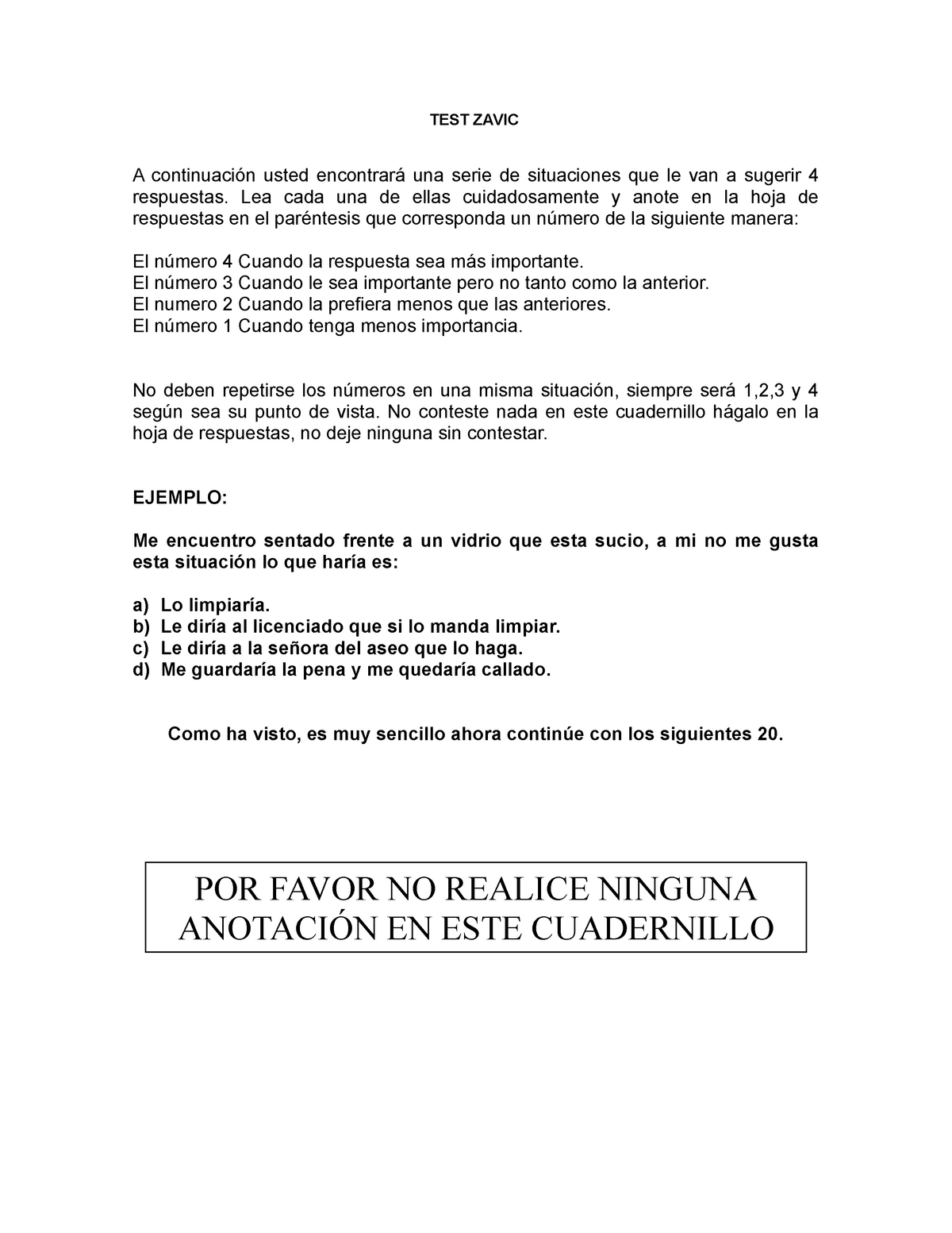 Test De Zavic Cuadernillo Con Test Y Hoja De Respuesta Test Zavic A Continuación Usted 3729