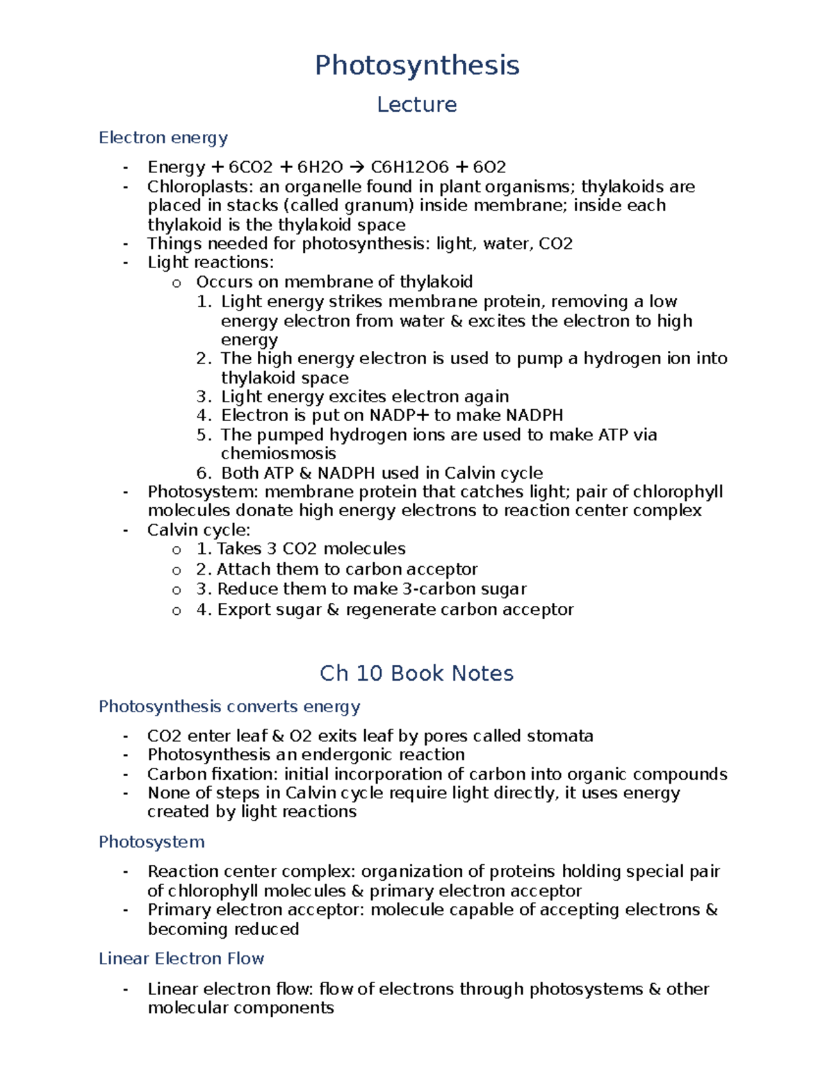 Photosynthesis - Lecture notes 10 - Photosynthesis Lecture Electron ...