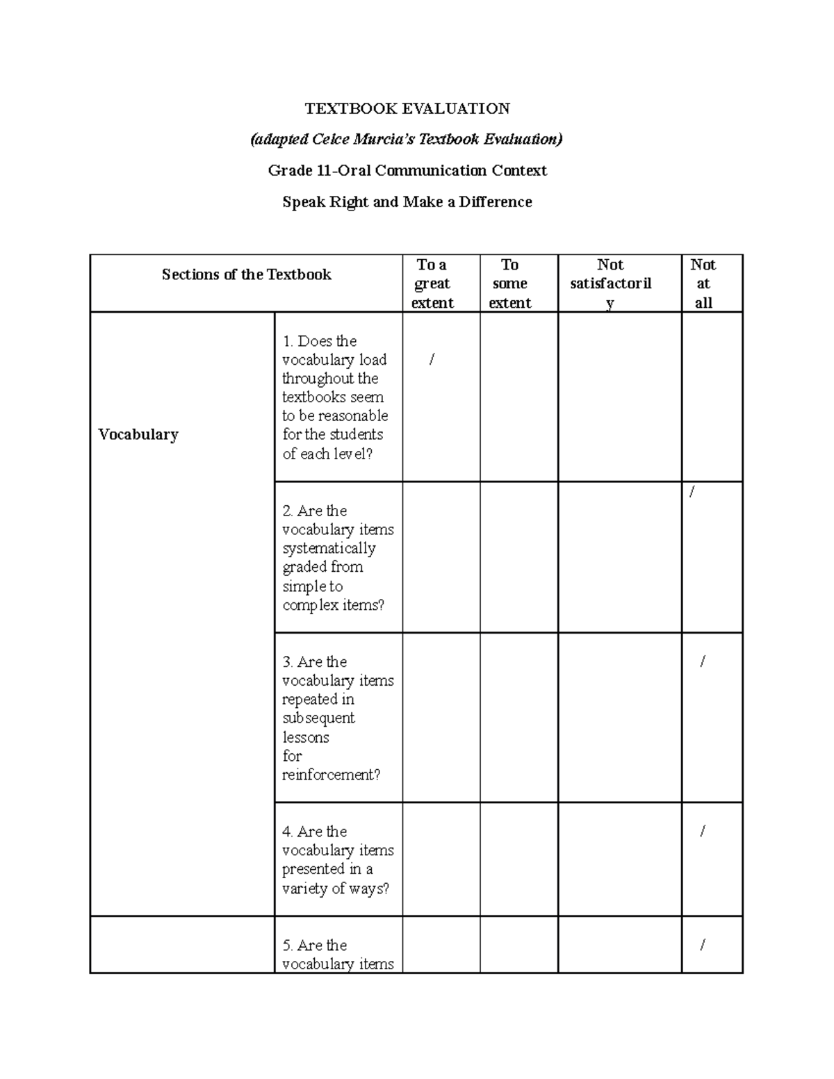 Textbook Evaluation - TEXTBOOK EVALUATION (adapted Celce Murcia’s ...