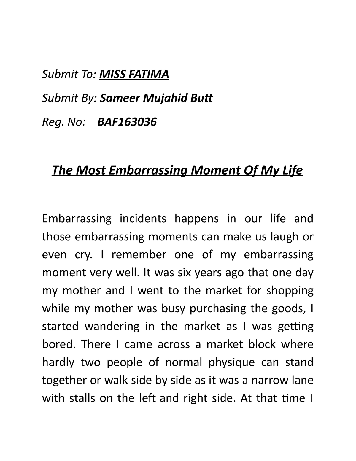 narrative essay about an embarrassing experience