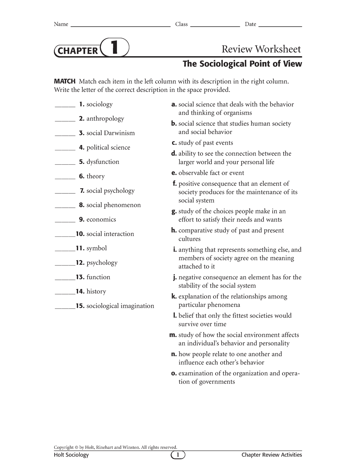 Ch 1 Review Name Class Date The Sociological Point Of View CHAPTER 1 Review Worksheet 