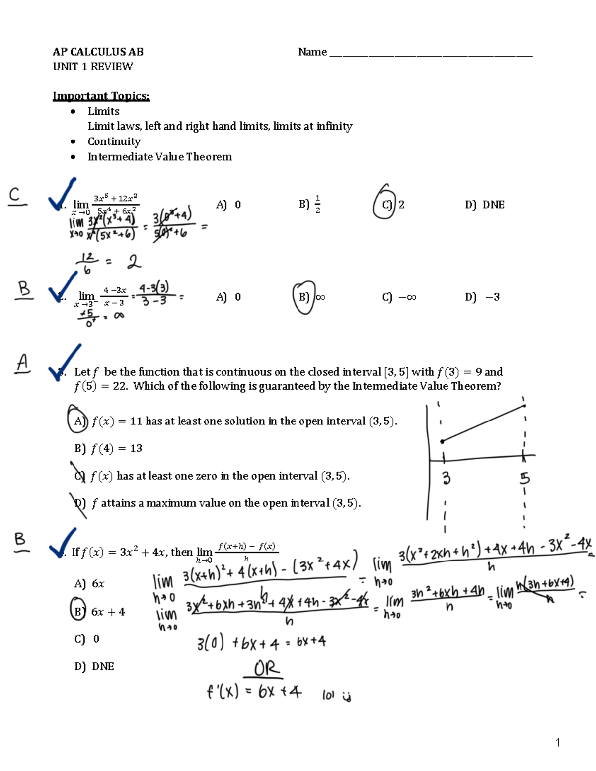 Semester 1 Review 3 - AP CALCULUS AB Name