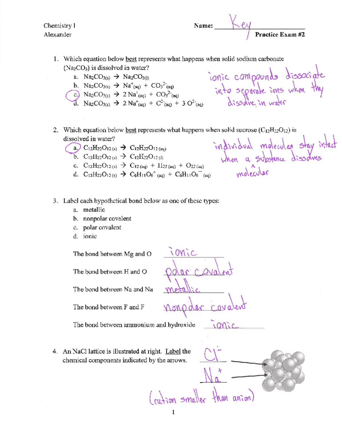 Practice Exam #2 Fall 2021 Key - Chemistry I Name: vo€Y Alexander ...