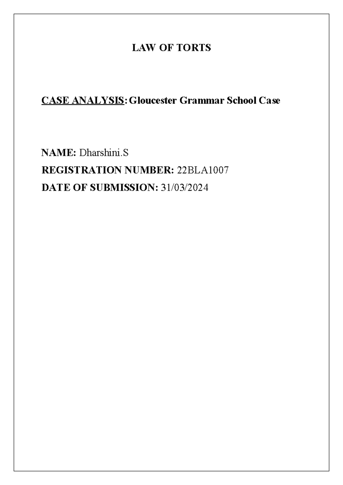 TORT case analysis - LAW OF TORTS CASE ANALYSIS: Gloucester Grammar ...