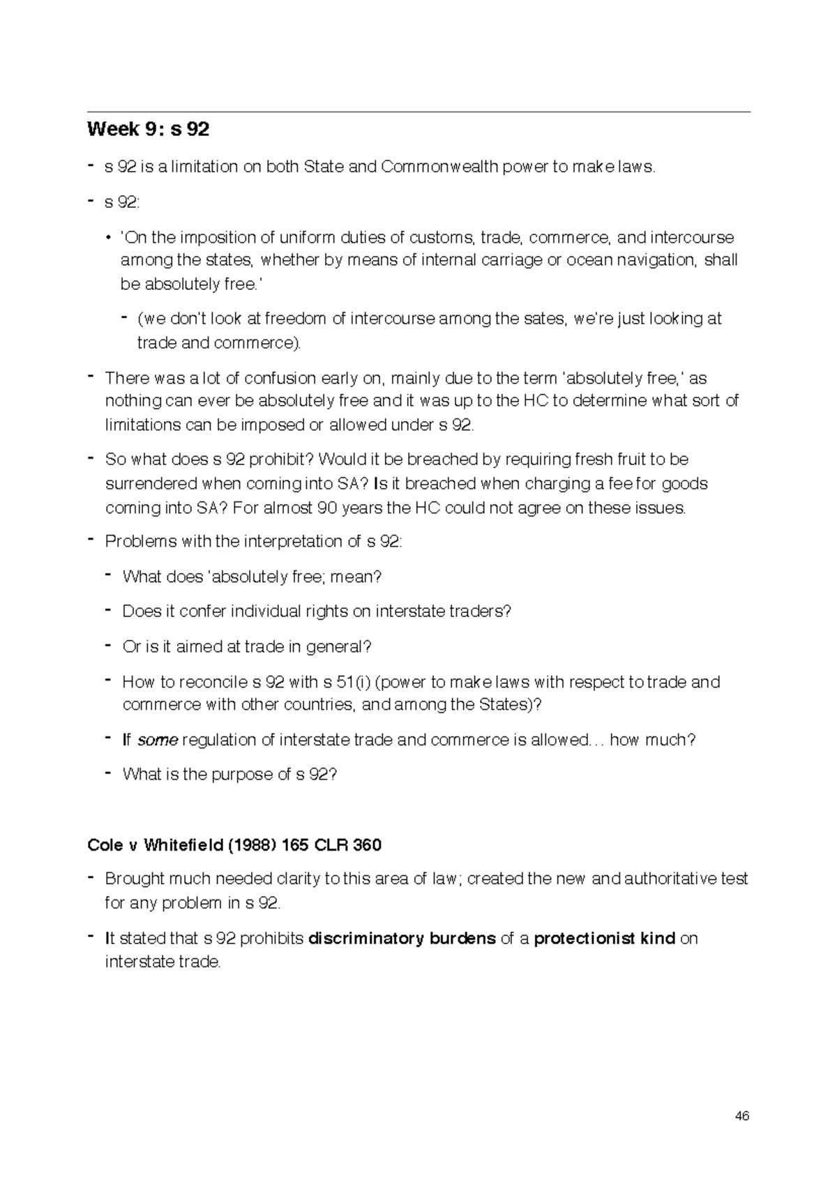 Week 9 Section 92 Week 9 S 92 S 92 Is A Limitation On Both State And Commonwealth Power To Studocu