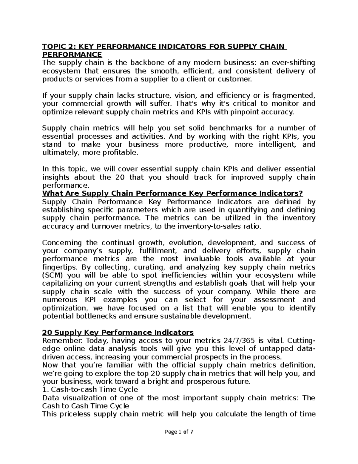 Topic 2 KEY Performance Indicators FOR Supply Chain Performance - TOPIC ...