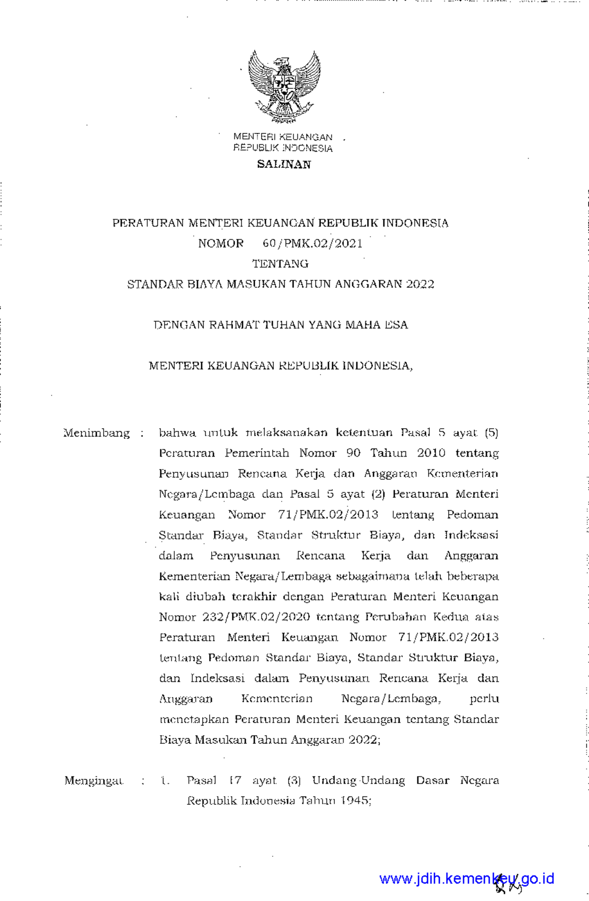Peraturan Menteri Keuangan 60_PMK.02_2021 - UI - Studocu
