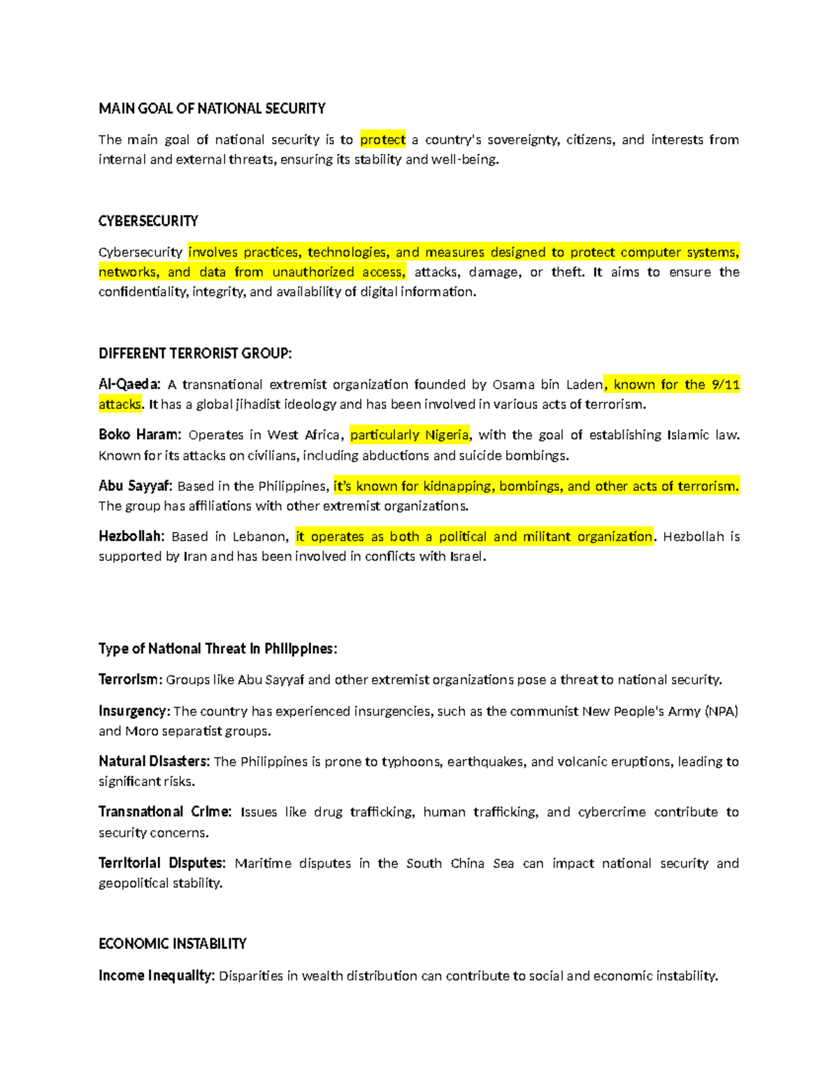 Reviewer - nothing - MAIN GOAL OF NATIONAL SECURITY The main goal of ...