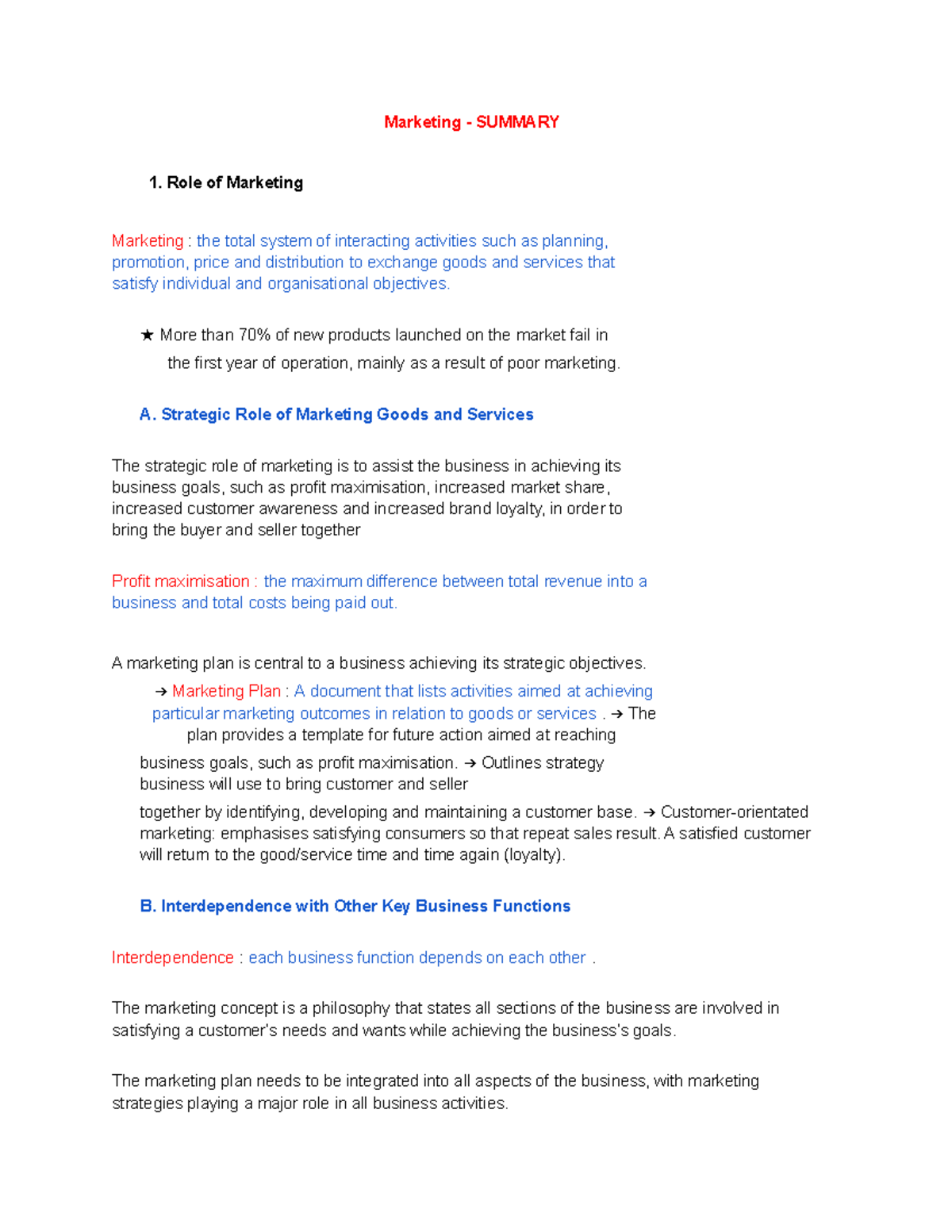 Overall Marketing - Marketing - SUMMARY 1. Role of Marketing Marketing ...