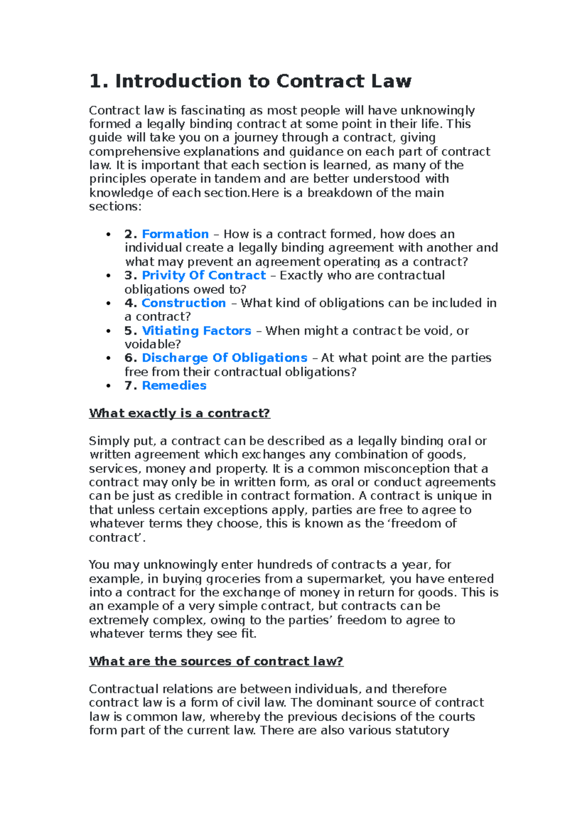 Upload 2 - NOTES - 1. Introduction to Contract Law Contract law is ...