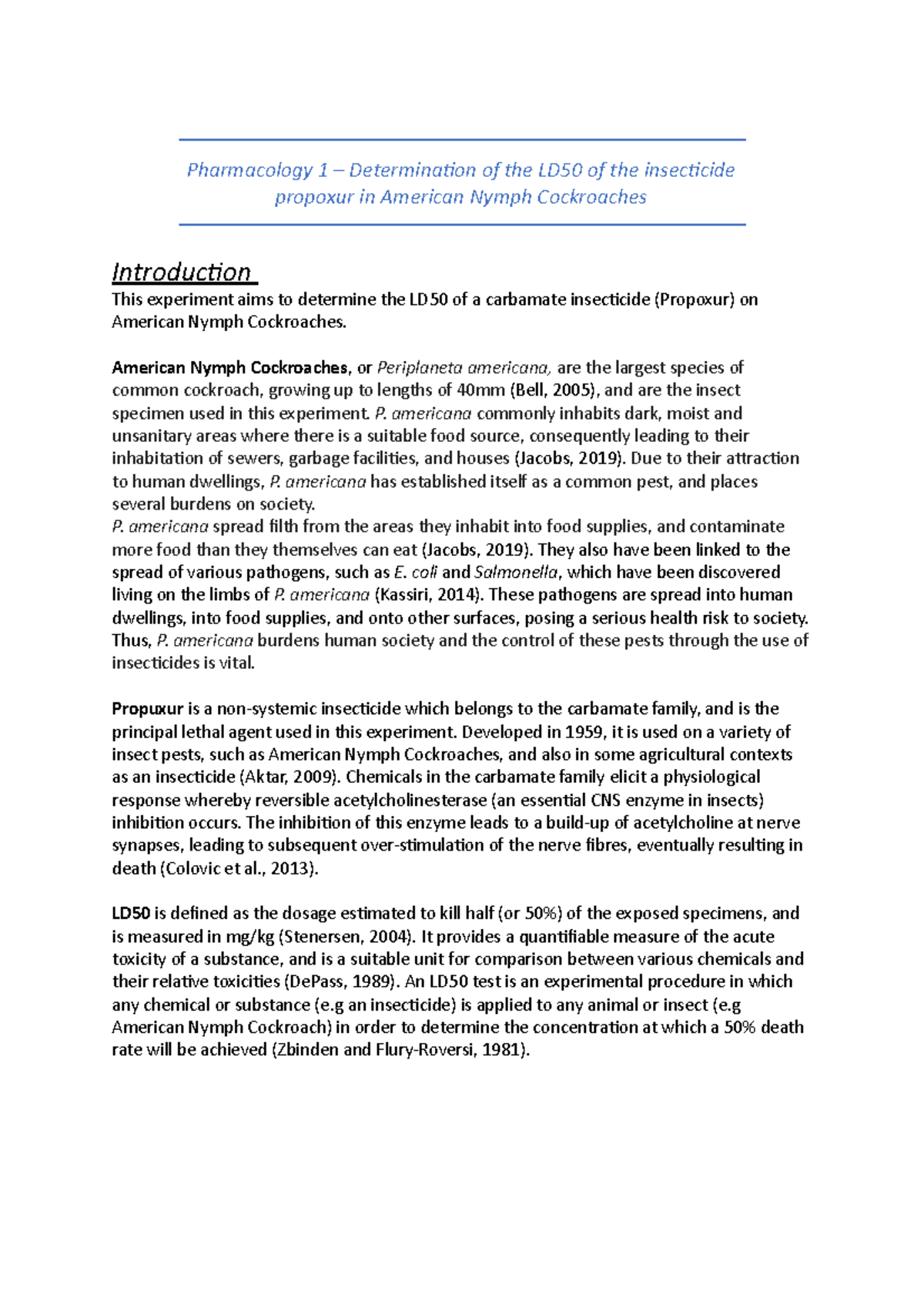 LD50 report on american cockroaches - Pharmacology 1 Determination of ...