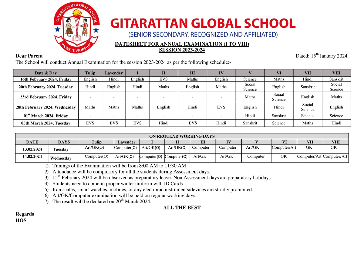 Annual Datesheet 20232024 DATESHEET FOR ANNUAL EXAMINATION (I TO