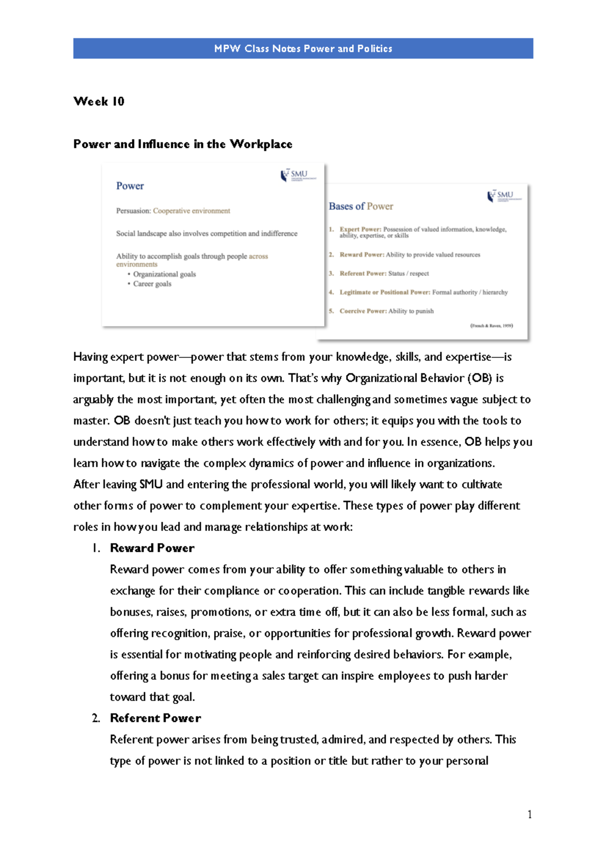 Week 10 Class Notes - Week 10 Power and Influence in the Workplace ...