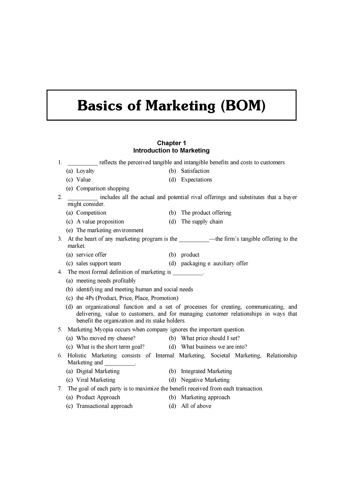 BOM 105, MBA First Year Mcq. - Basics Of Marketing (BOM) Chapter 1 ...