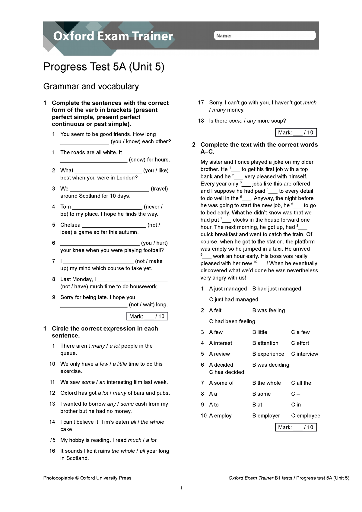 OET B1 Progress Test Unit 5 A + B - Progress Test 5A (Unit 5) Grammar ...