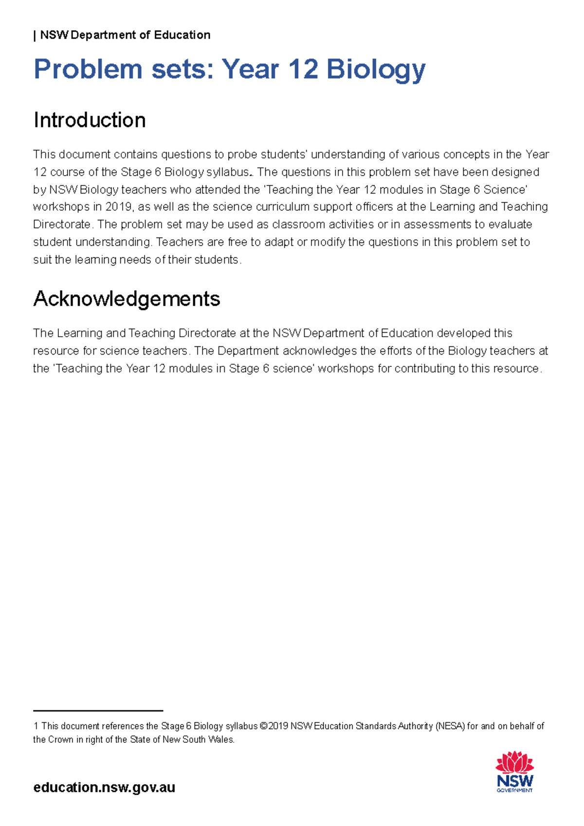 Biology Year 12 modules Problem Set - | NSW Department of Education ...