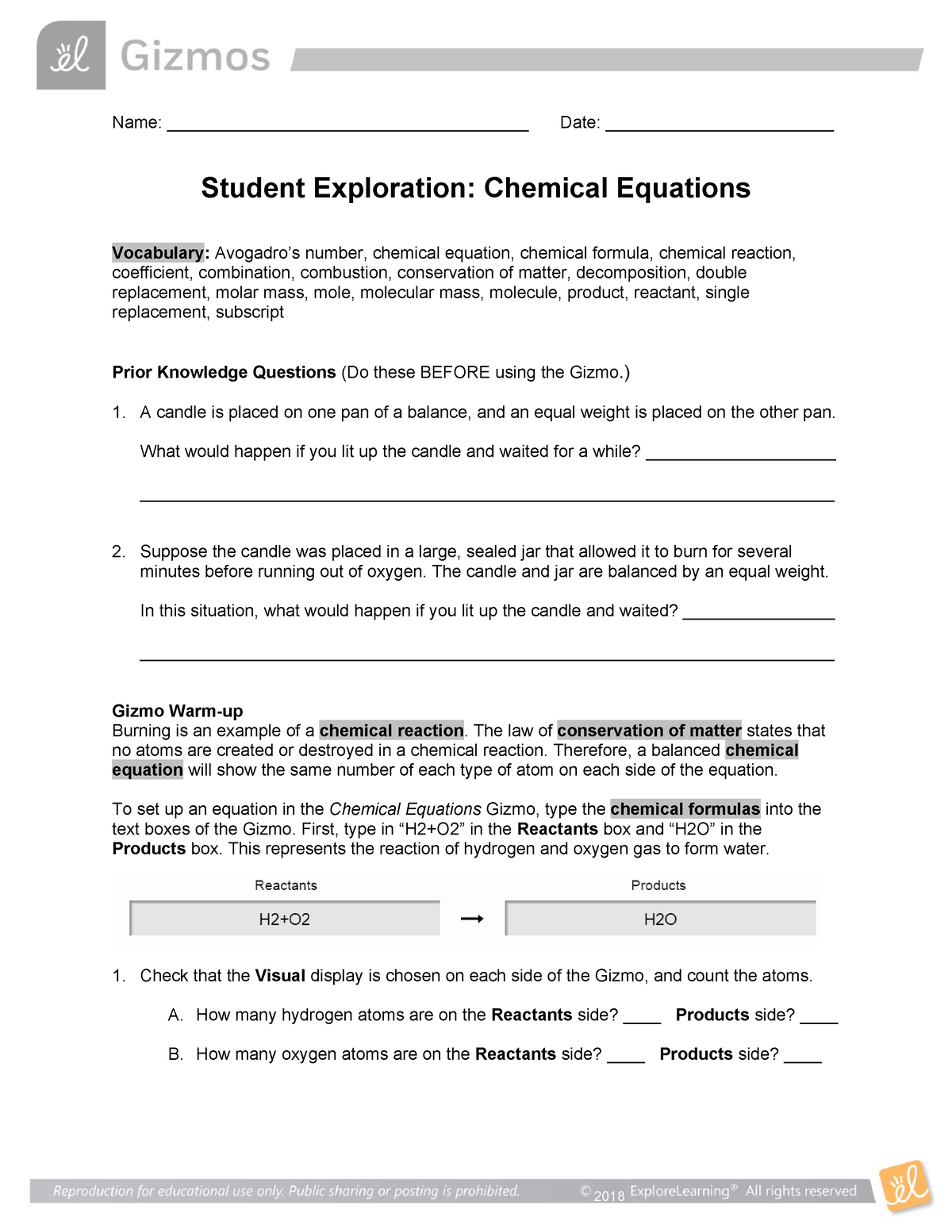 Chem Equations SE - Name: ______________________________________ Date