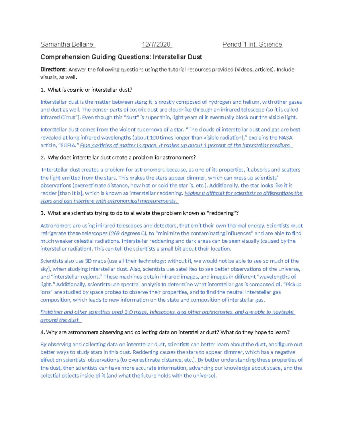 Comprehension+Questions+-+Interstellar+Dust+-+Int.+Science - Samantha ...