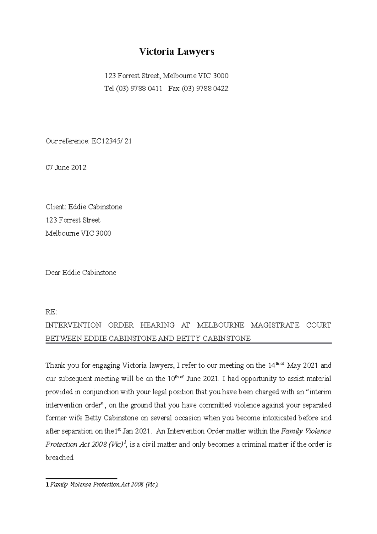 LLW1003 Letter of Advise Victoria Lawyers 123 Forrest Street