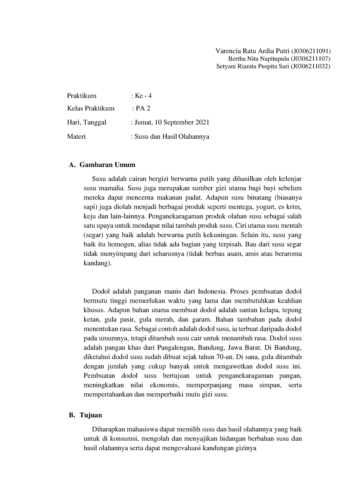 Laporan Perencanaan Susu - Praktikum : Ke - 4 Kelas Praktikum : PA 2 ...