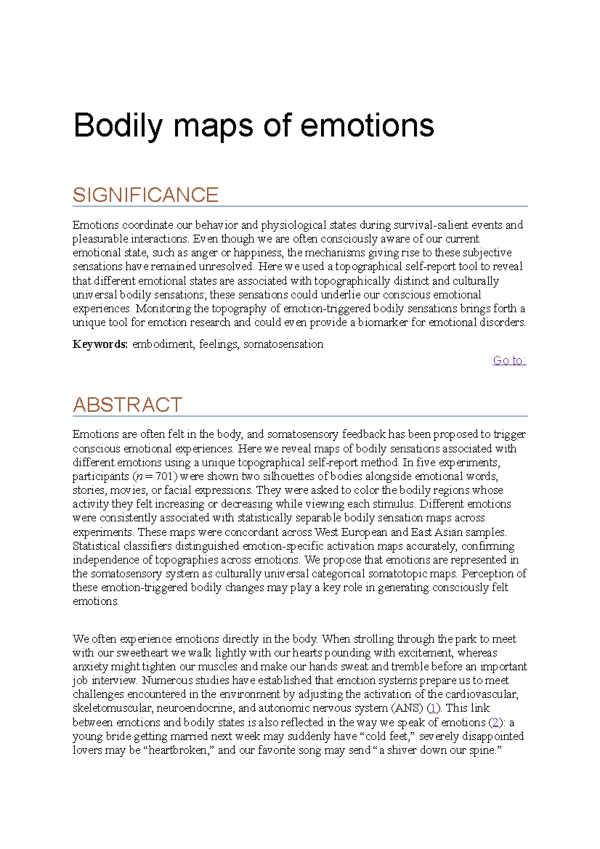 E&O Artikelen Week 1 - Bodily Maps Of Emotions SIGNIFICANCE Emotions ...