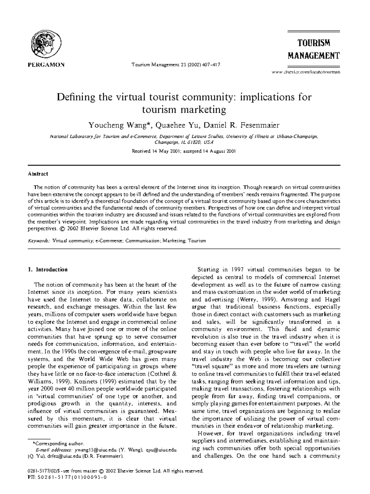 Defining the virtual tourist community i - Tourism Management 23 (2002 ...