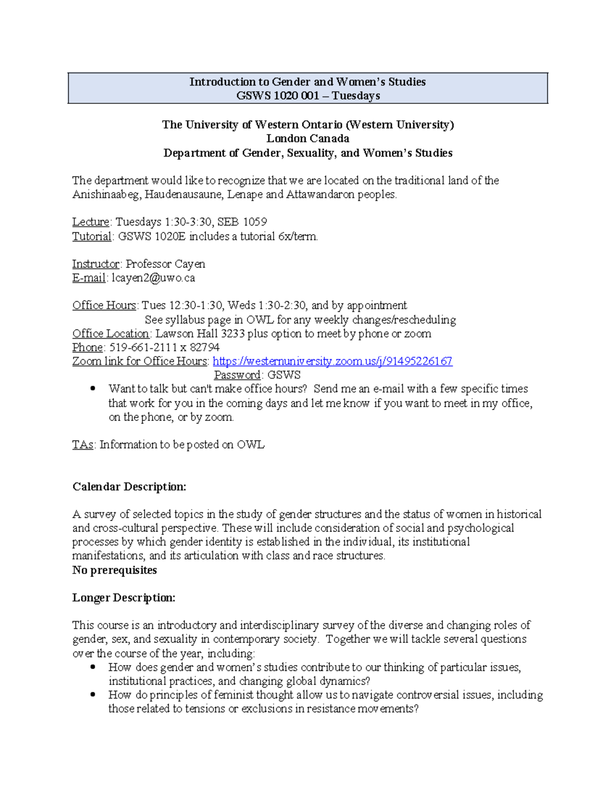 GSWS1020 001 Tues - 2024-2025 - Introduction to Gender and Women's ...