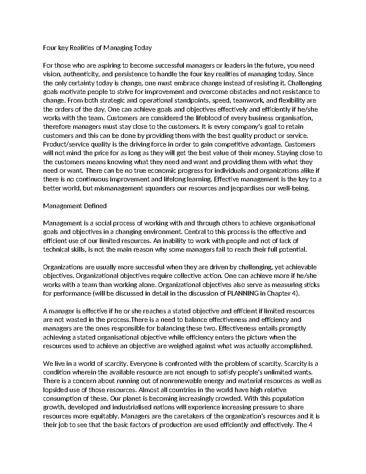 ABM 2 Notes Four key Realities of Managing Today - Four key Realities ...