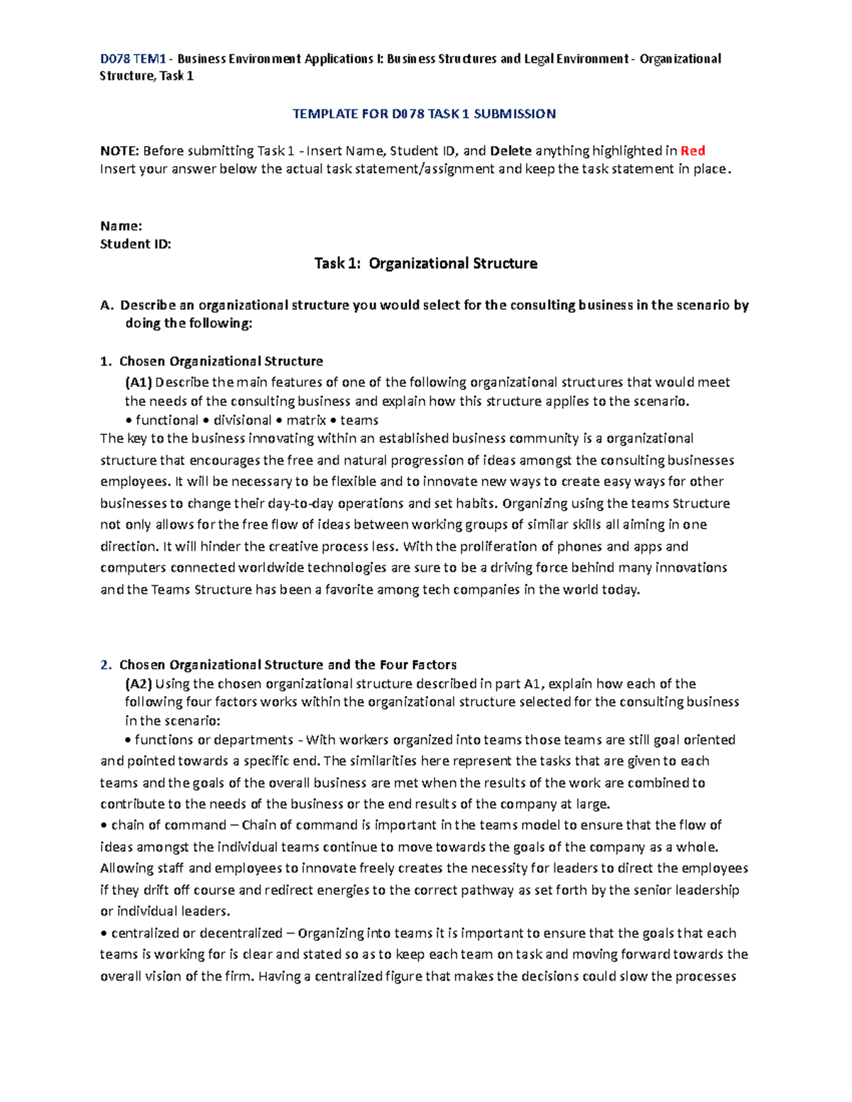 D078 Task 1 TEM1 TEM1 TASK 1 ORGANIZATIONAL STRUCTURE D078