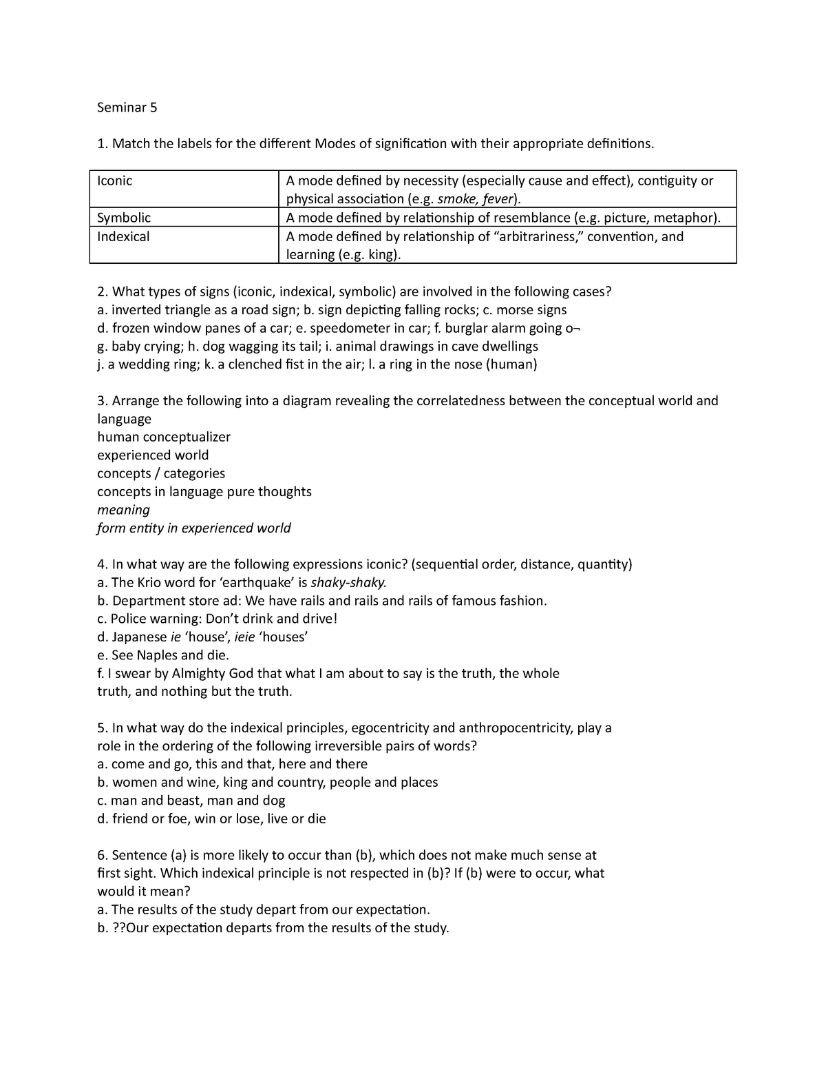 Seminar 5 Worksheet Intro To General Linguistics Types Of Signs Seminar Match The Labels For The Different Modes Of Signification With Their Appropriate Studocu