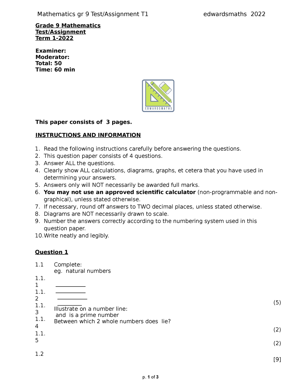 grade 9 whole numbers and integers assignment