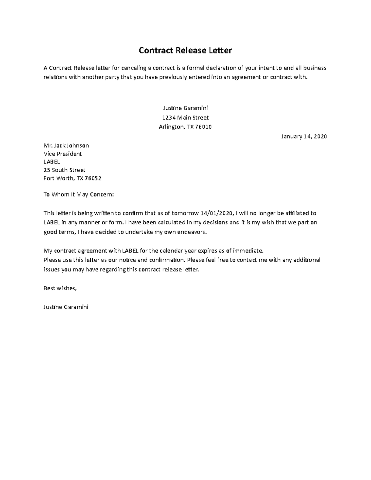 Contract Release Letter - Justine Garamini 1234 Main Street Arlington ...