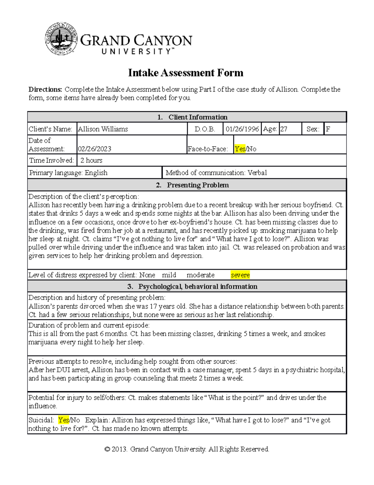 PCN-255 Intake Assessment Form - Intake Assessment Form Directions ...