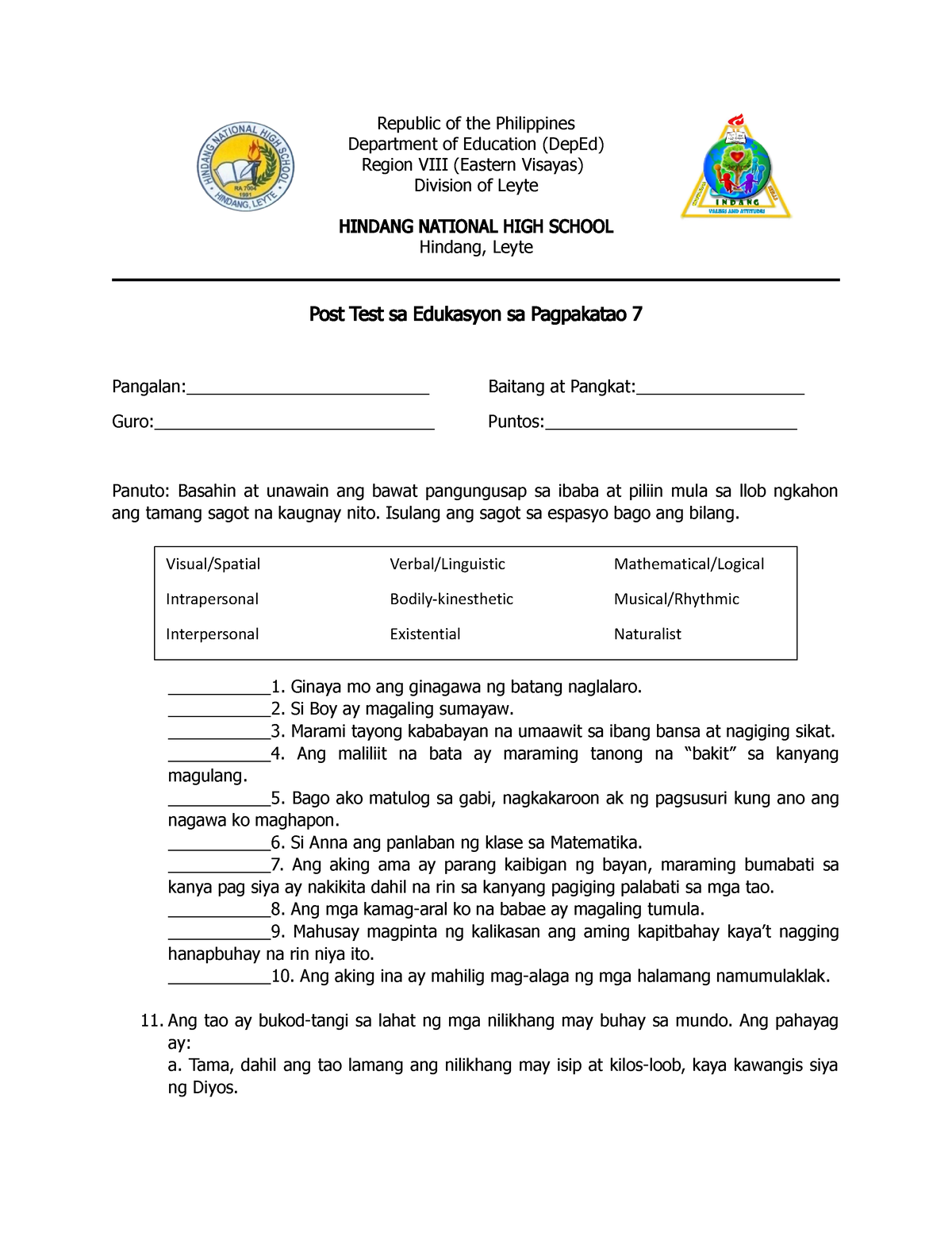 AP7 Post Test - Sample Post Test For AP7 - Republic Of The Philippines ...